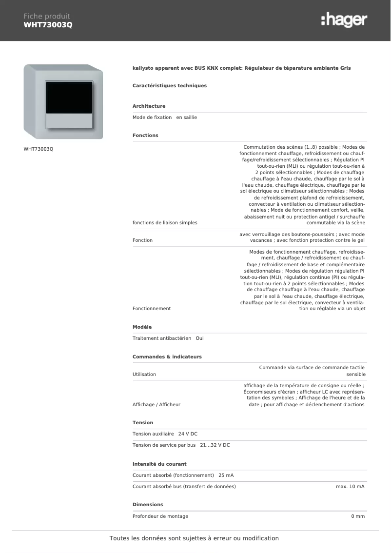 Page n°1 - Fiche technique Hager WHT73003Q