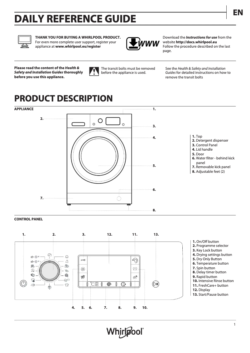 Page 1 de la notice Manuel utilisateur Whirlpool FWDD1071681W