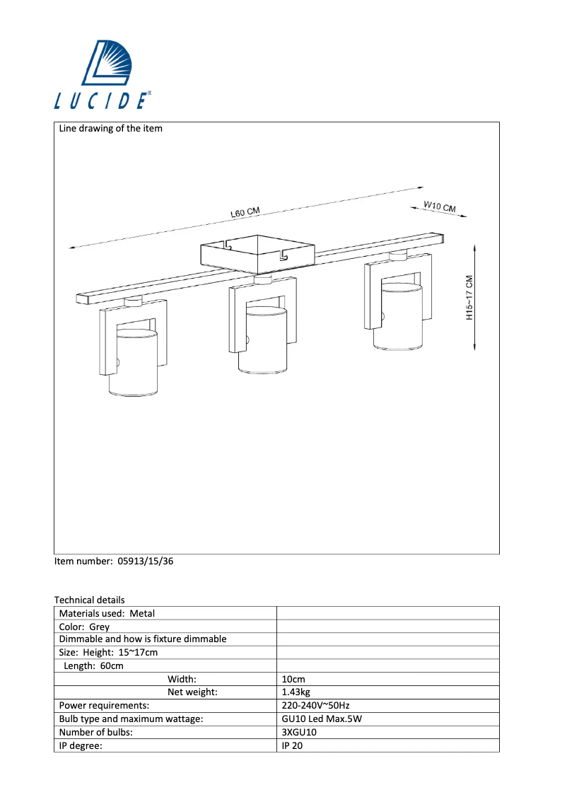 Page 1 de la notice Manuel utilisateur Lucide Conni 05913/15/36
