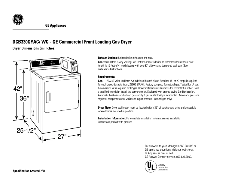 Page n°1 - Fiche technique GE DCB330GYWC