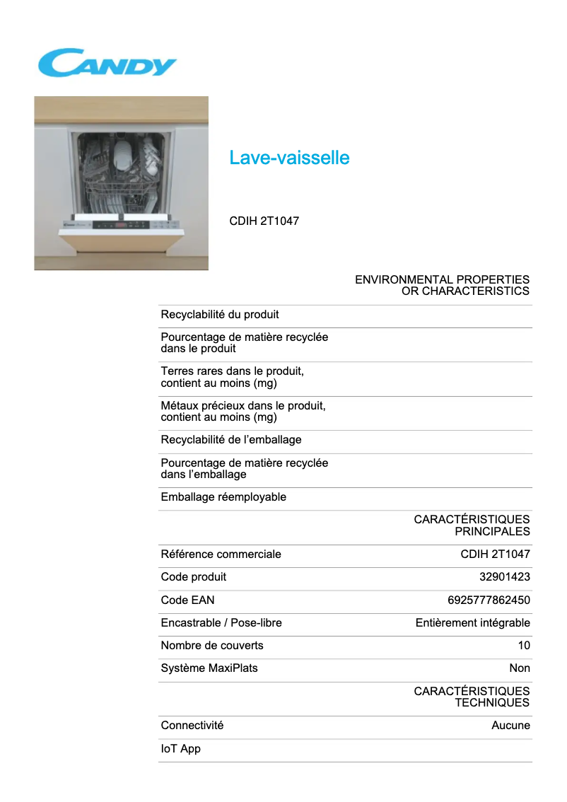 Page 1 de la notice Fiche technique Candy CDIH 2T1047