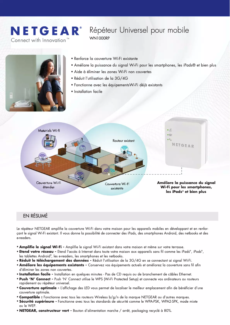 Page 1 de la notice Fiche technique Netgear WN1000RP