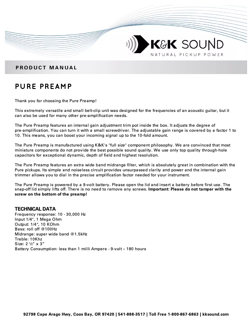 Page n°1 - Manuel utilisateur K&K Sound Pure Preamp