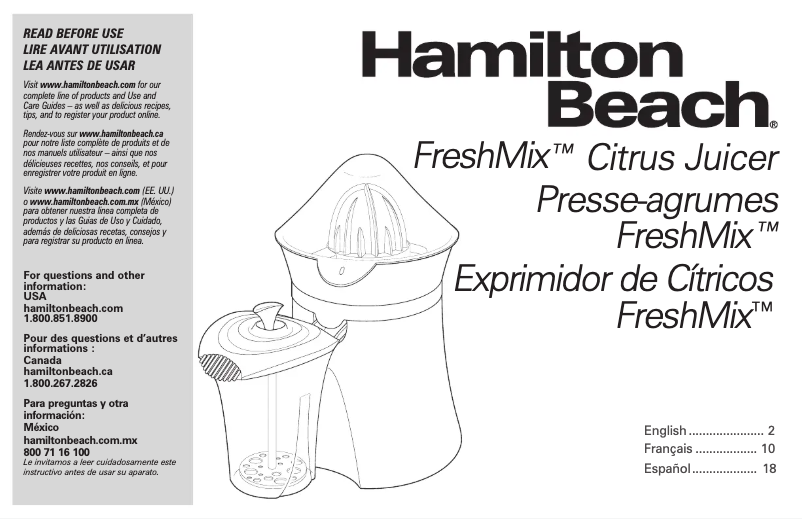 Page 1 de la notice Manuel d'utilisation et d'entretien Hamilton Beach FreshMix 66333