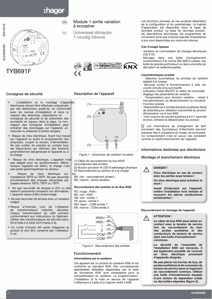 Page 1 de la notice Manuel utilisateur Hager TYB691F