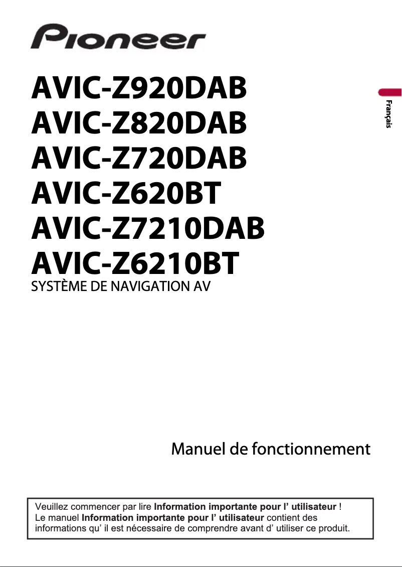 Page 1 de la notice Manuel utilisateur Pioneer AVIC-Z820DAB-C