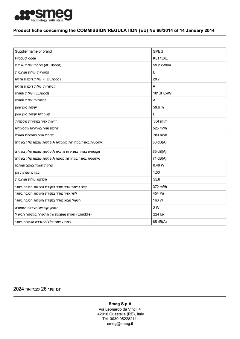 Page 1 de la notice Fiche technique Smeg KL175XE