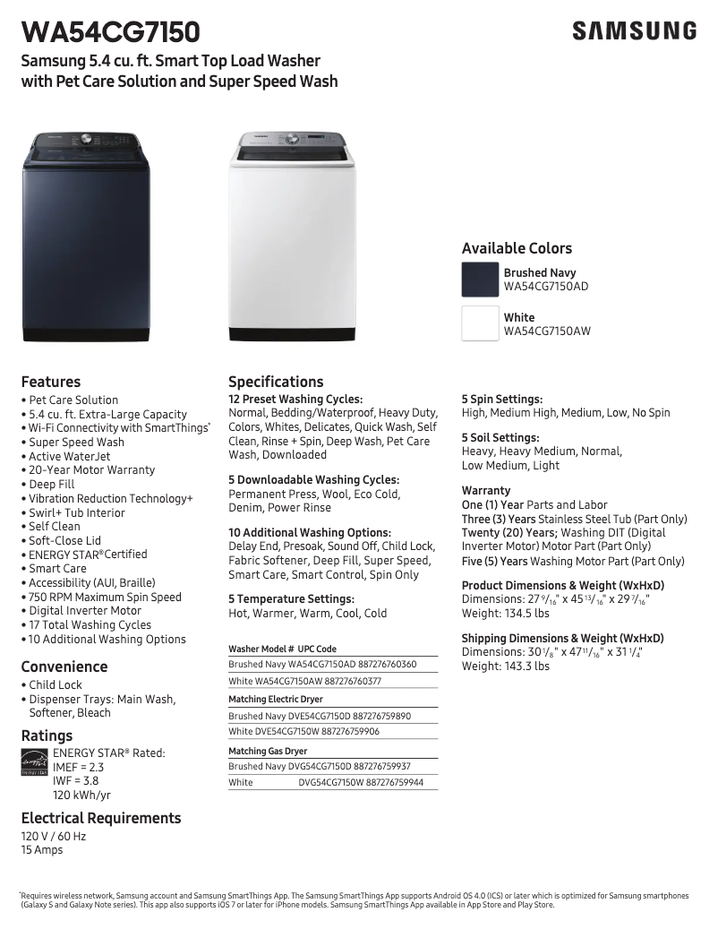 Página 1 del manual Ficha técnica Samsung WA54CG7150AD