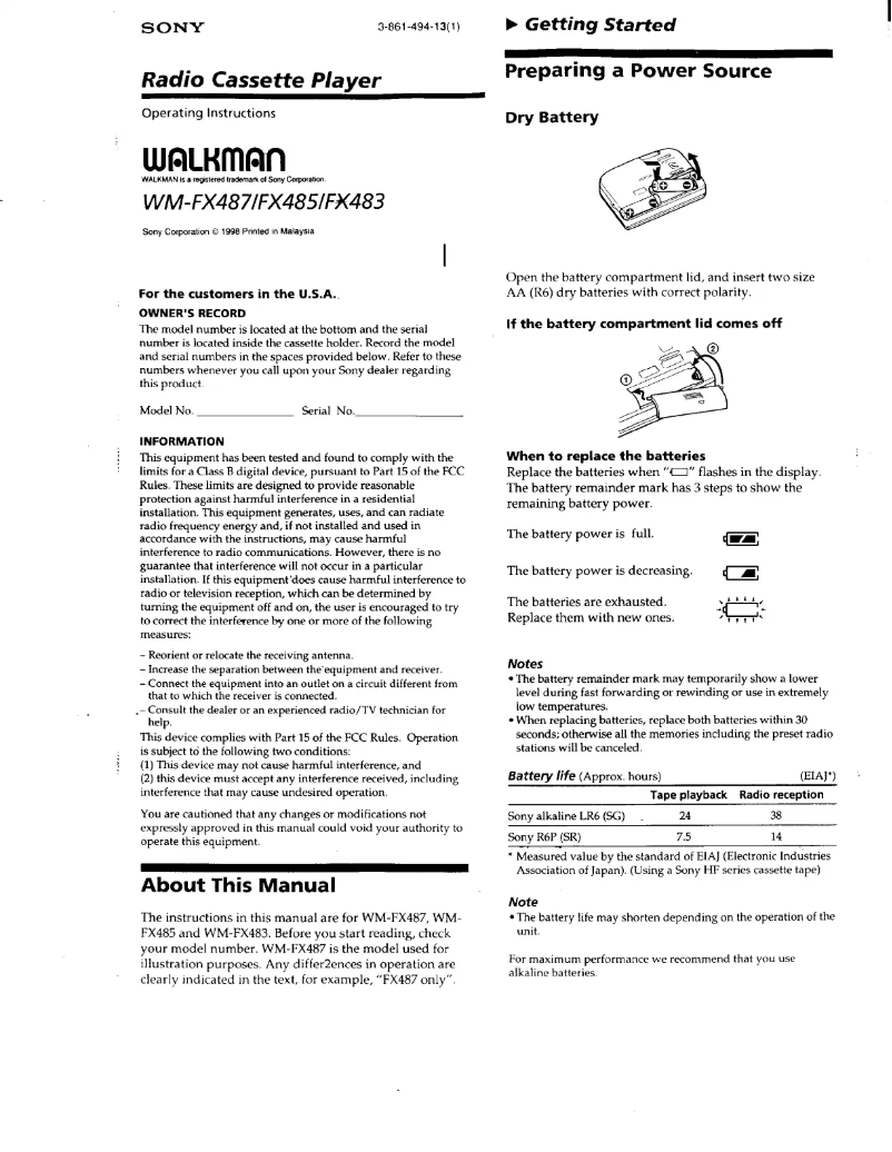 Page 1 de la notice Manuel utilisateur Sony Walkman WM-FX485