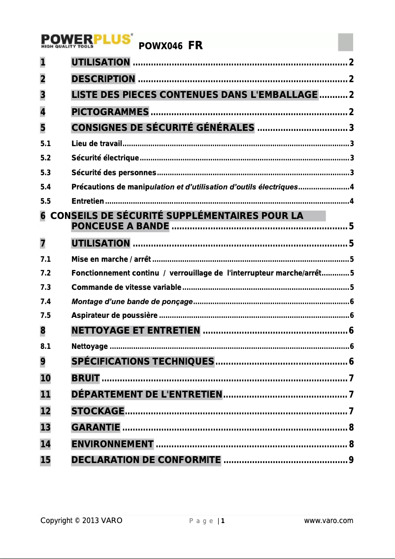Page n°1 - Manuel utilisateur PowerPlus POWX046