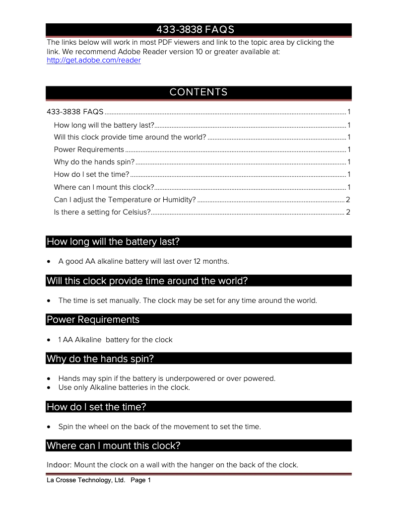 Page 1 de la notice FAQ La Crosse Technology 433-3838