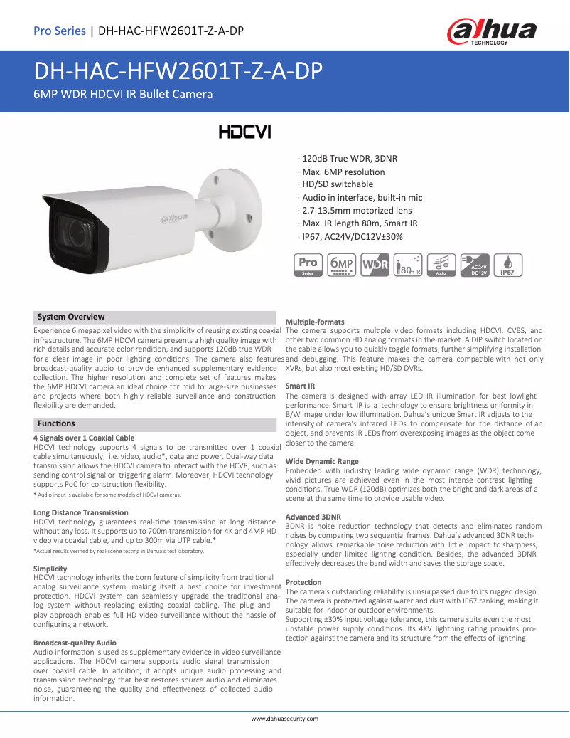 Page 1 de la notice Fiche technique Dahua Technology HAC-HFW2601T-Z-A-DP