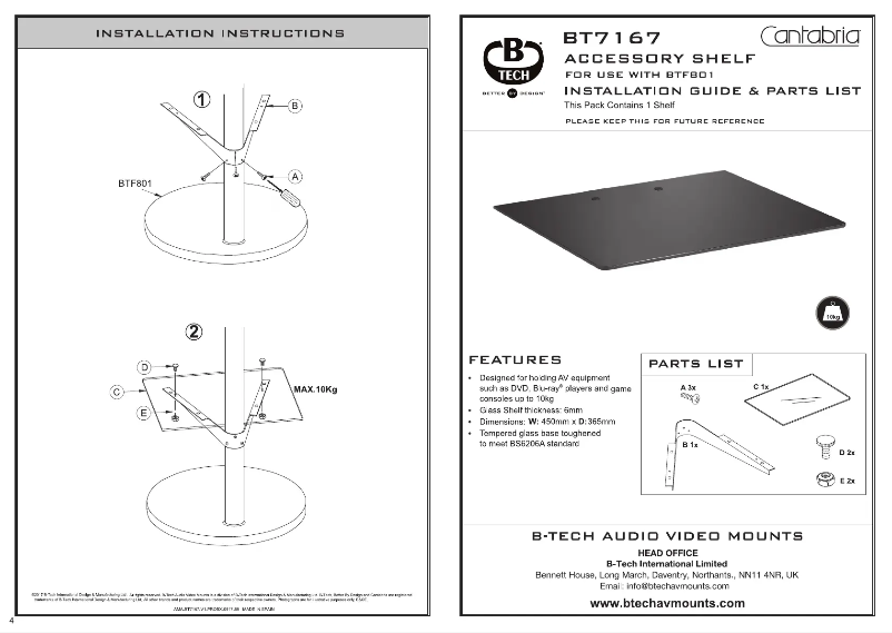 Page n°1 - Guide d'installation B-Tech BT7167