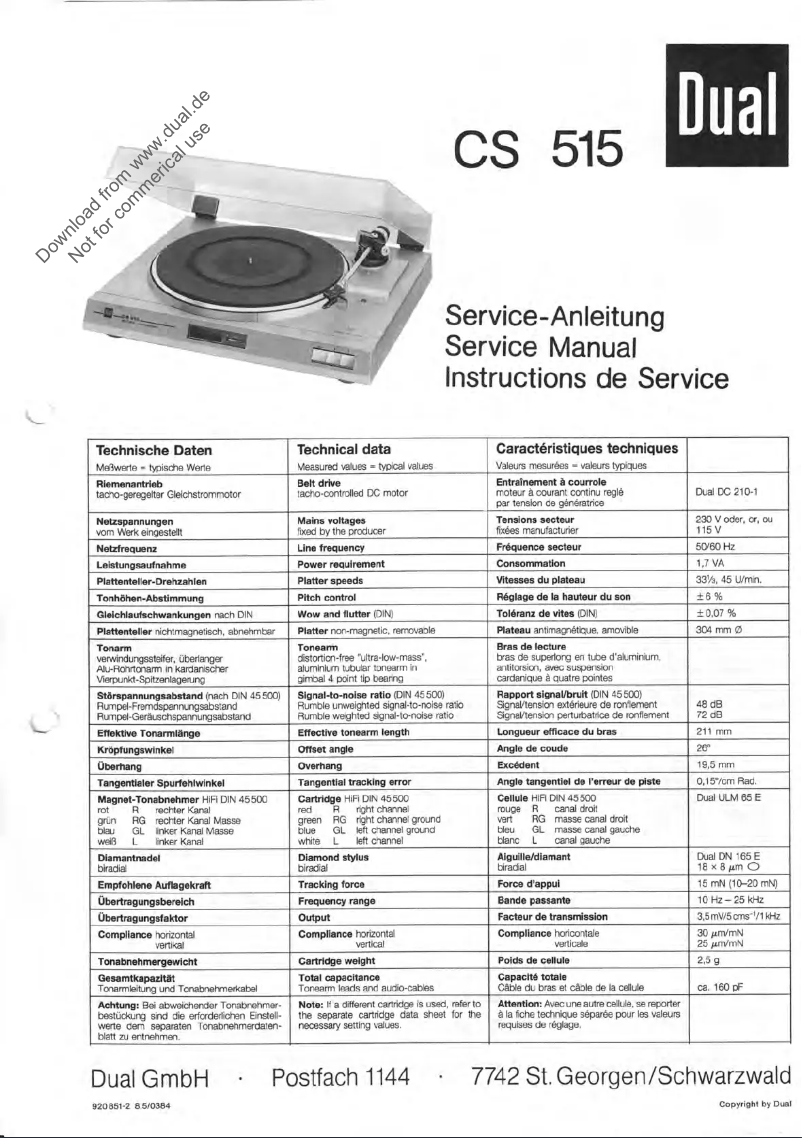 Page 1 de la notice Manuel utilisateur Dual CS 515