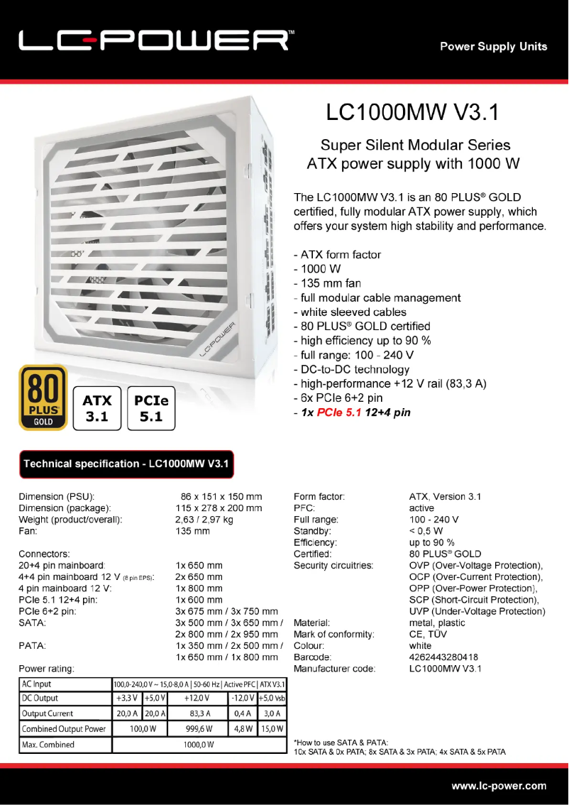 Page 1 de la notice Fiche technique LC-Power LC1000MW V3.1