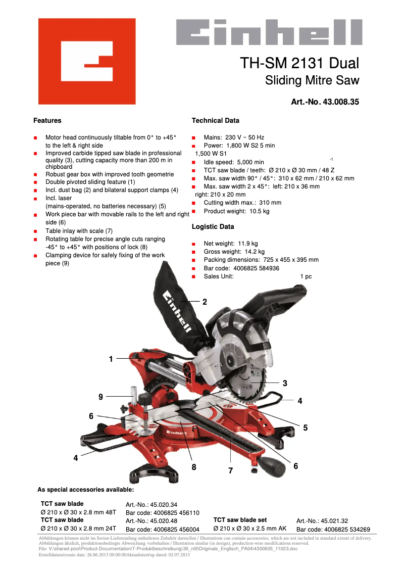 Page 1 de la notice Fiche technique Einhell TH-SM 2131 Dual