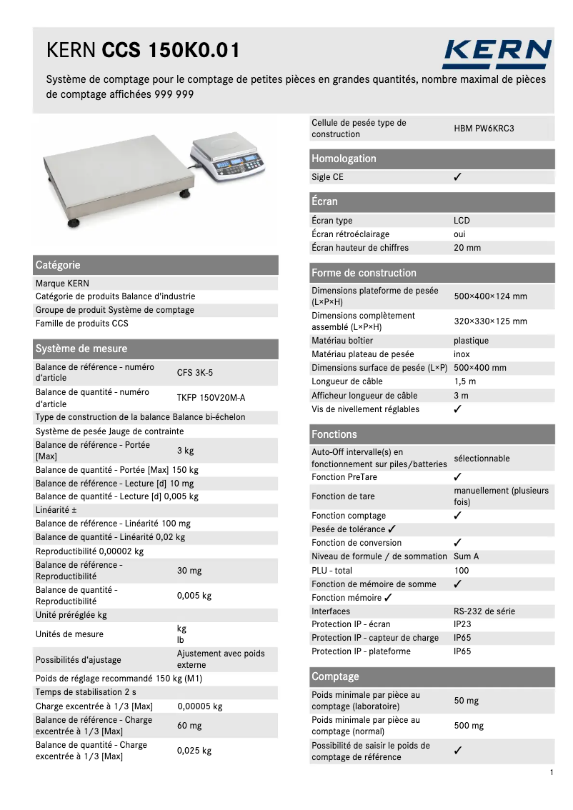 Page 1 de la notice Fiche technique Kern CCS 150K0.01