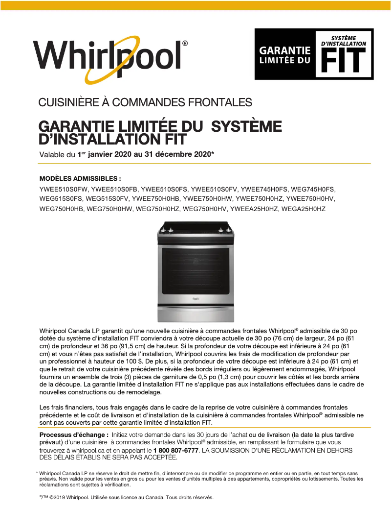 Page 1 de la notice Guide d'installation Whirlpool YWEEA25H0HZ
