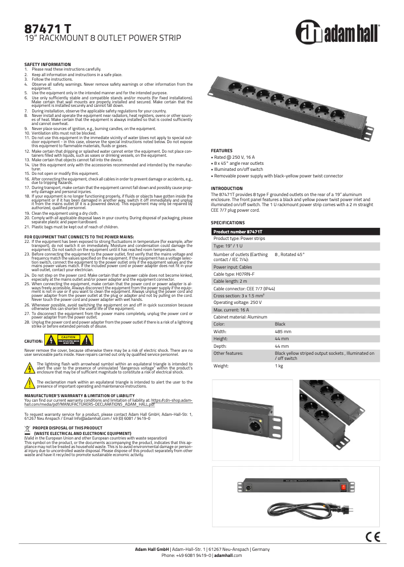 Page 1 de la notice Manuel utilisateur Adam Hall 87471 T