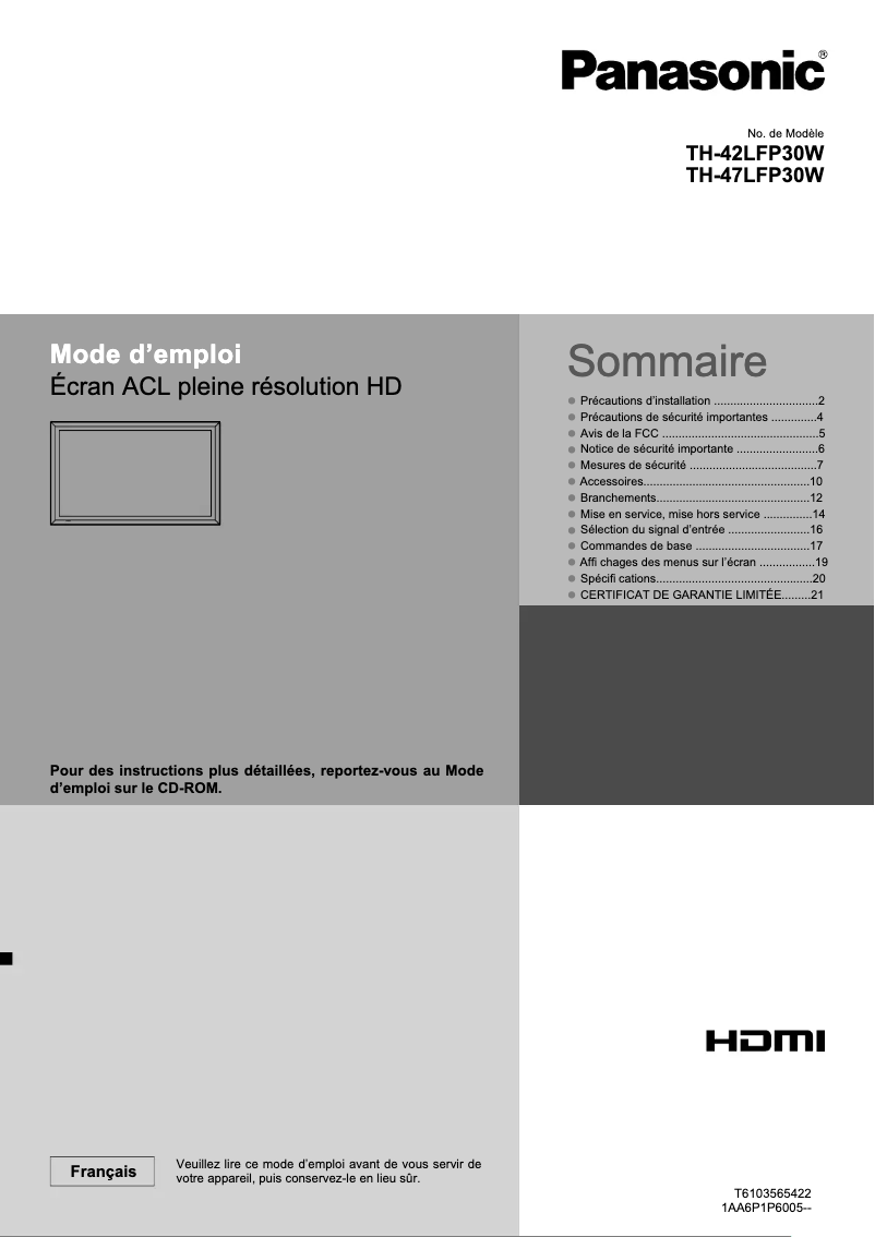 Image de la première page du manuel de l'appareil TH-42LFP30W