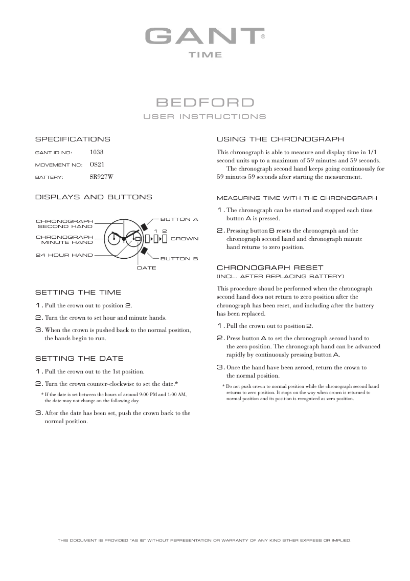 Page n°1 - Manuel utilisateur Gant Bedford 1038