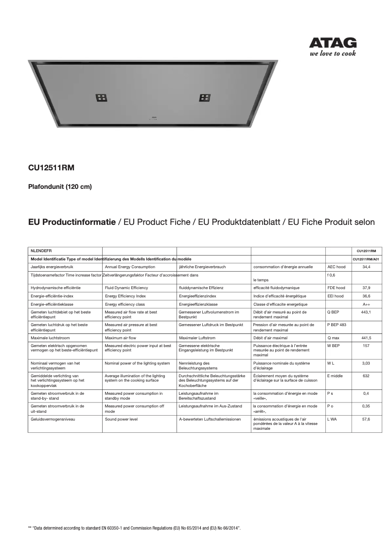 Page 1 de la notice Fiche technique Atag CU12511RM