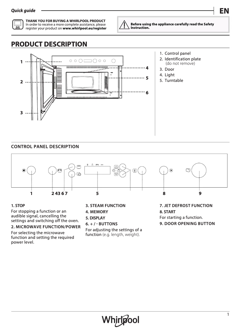 Page 1 de la notice Manuel utilisateur Whirlpool MBNA910X