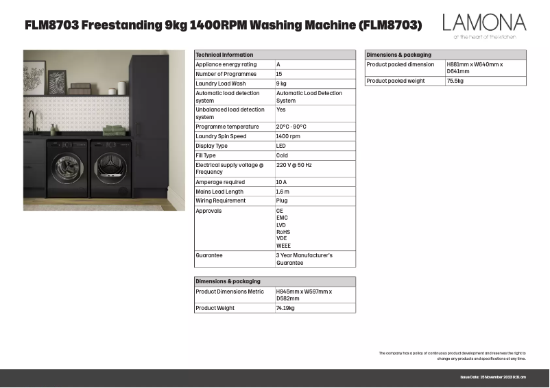 Page 1 de la notice Fiche technique Lamona FLM8703