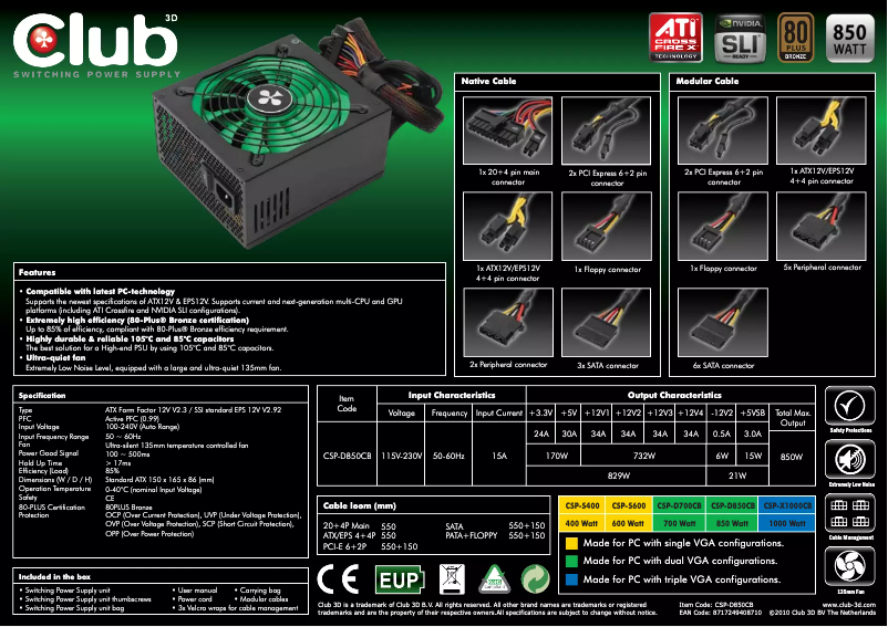 Page 1 de la notice Manuel utilisateur CLUB3D CSP-D850CB, 850Watt 80+ Bronze Cable Management