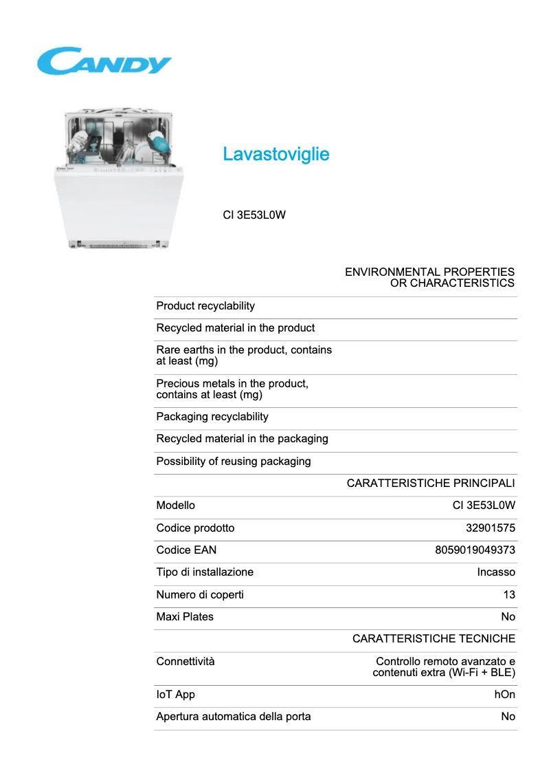 Page 1 de la notice Fiche technique Candy Rapido' CI 3E53L0W