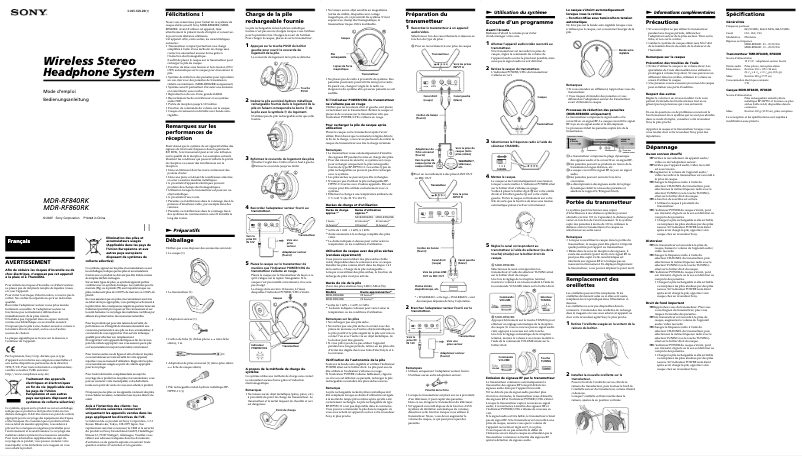 Page 1 de la notice Manuel utilisateur Sony MDR-RF860RK