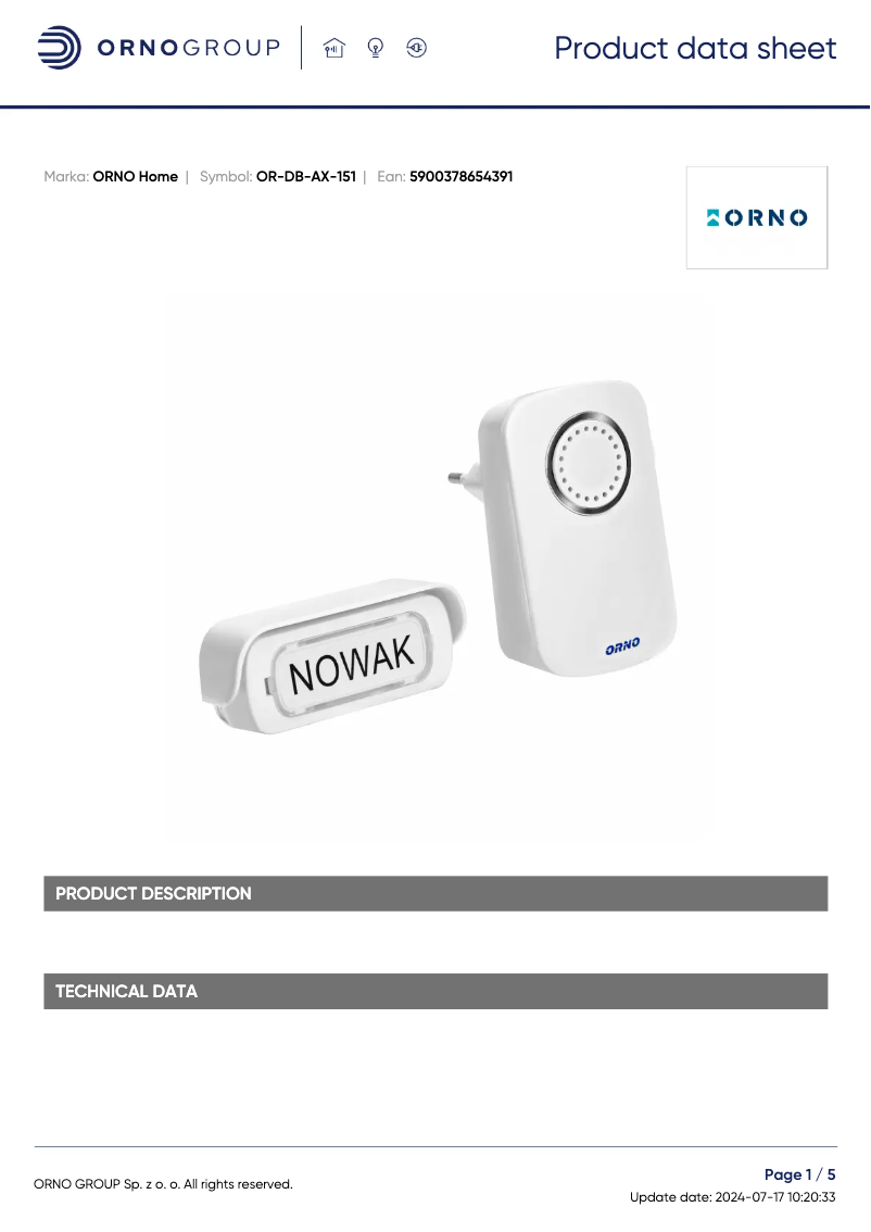 Page 1 de la notice Fiche technique ORNO OR-DB-AX-151