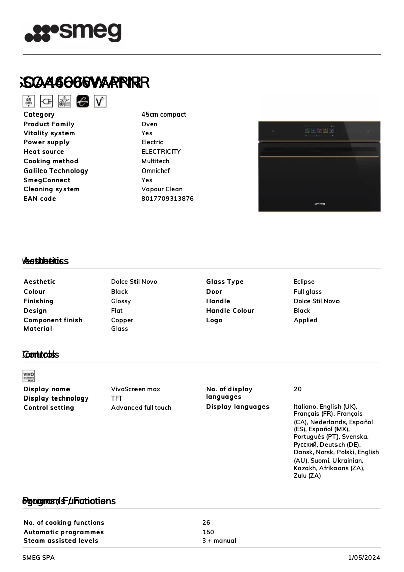 Page 1 de la notice Fiche technique Smeg SOA4606WAPNR