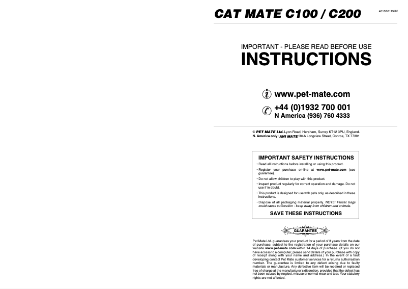 Page 1 de la notice Manuel utilisateur Closer Pets Cat Mate 401