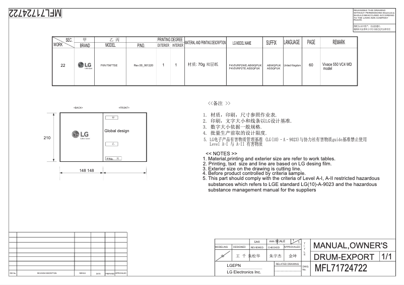 Page 1 de la notice Manuel utilisateur LG FWV796STSE