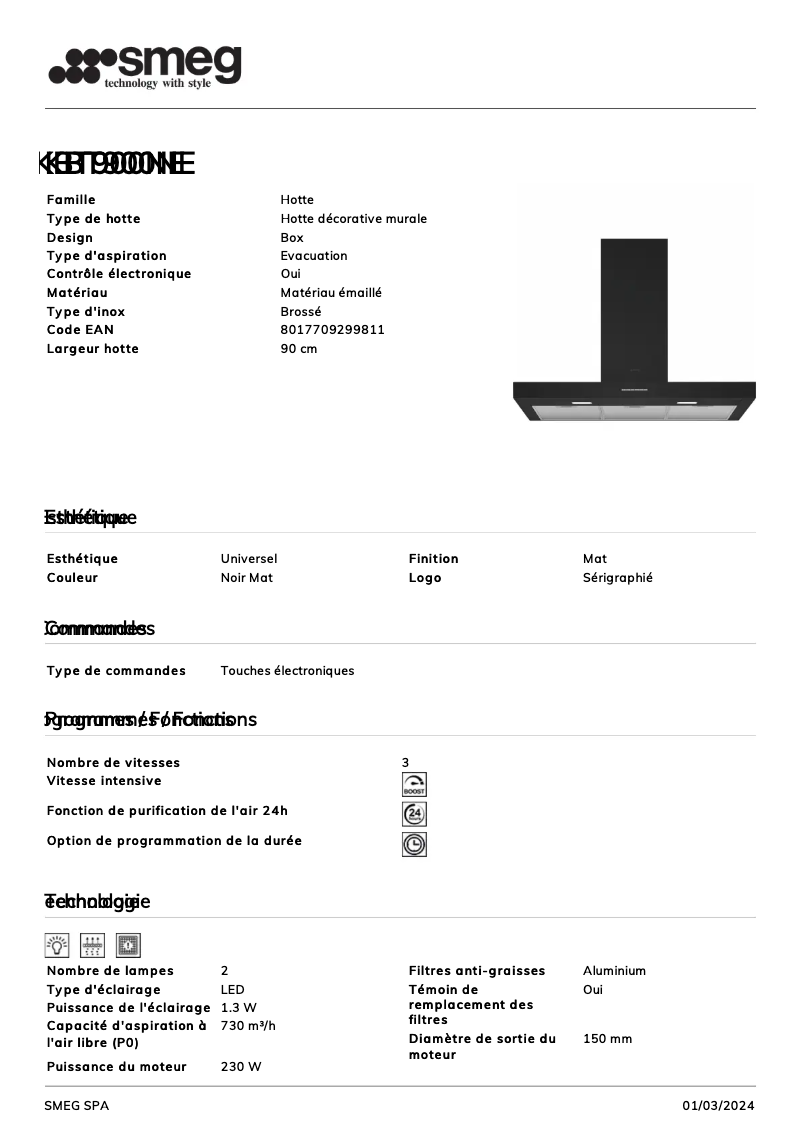 Page 1 de la notice Fiche technique Smeg KBT900NE