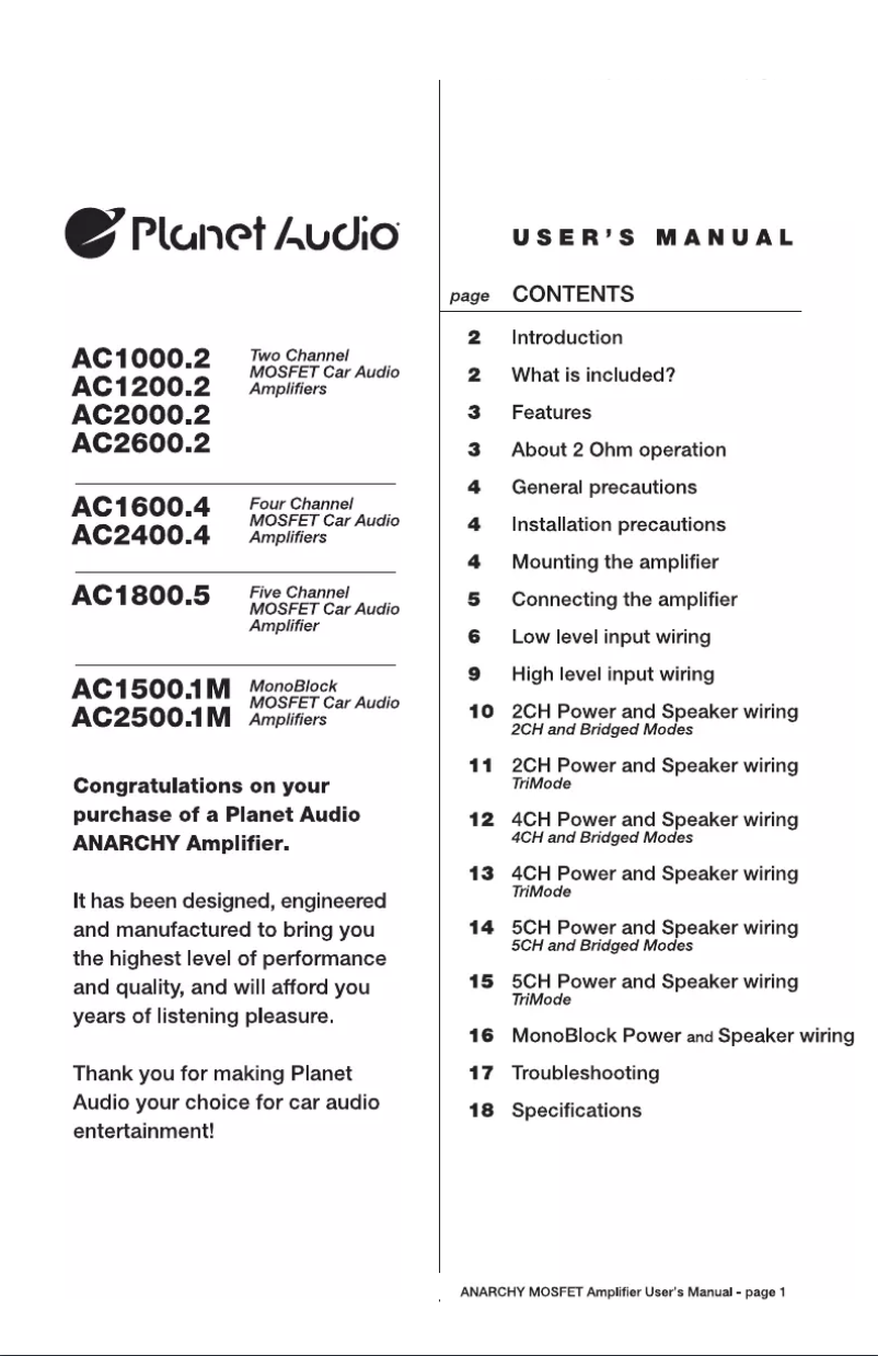Page n°1 - Manuel utilisateur Planet Audio AC1500.1M