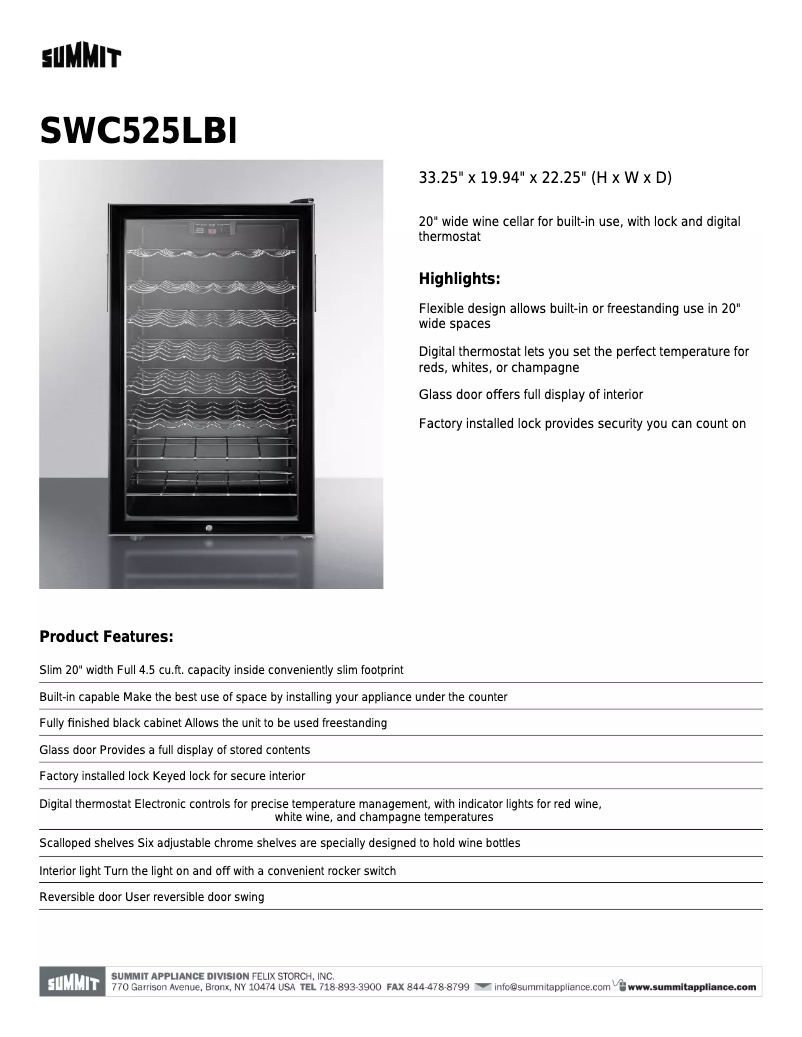 Page n°1 - Fiche technique Summit SWC525LBI7