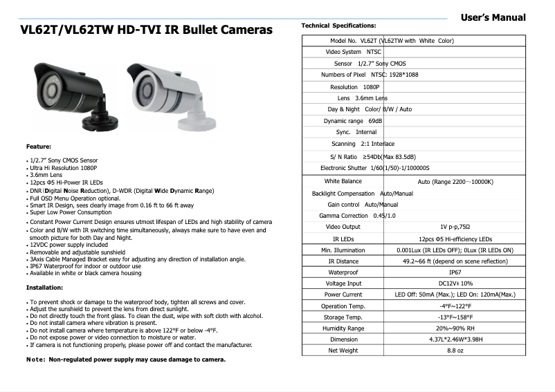 Page 1 de la notice Manuel utilisateur Speco Technologies VL62T
