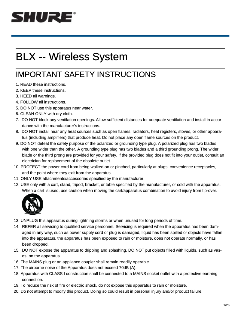 Page 1 de la notice Guide de démarrage rapide Shure BLX 1288/CVL-H9