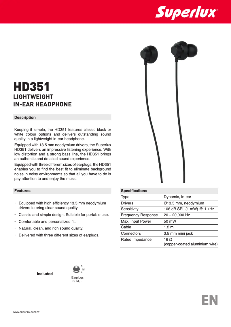 Page 1 de la notice Manuel utilisateur Superlux HD351