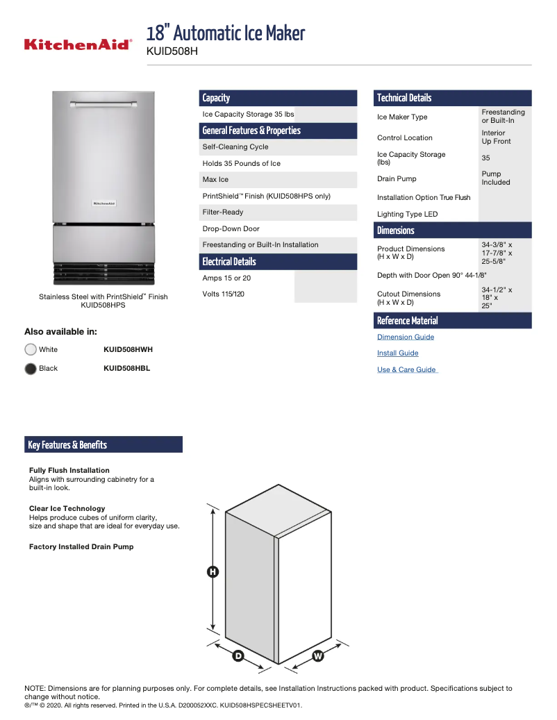 Página 1 del manual Ficha técnica KitchenAid KUID508HPS