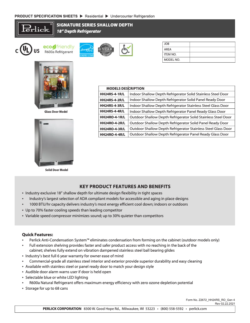 Página 1 del manual Ficha técnica Perlick HH24RS-4-2R