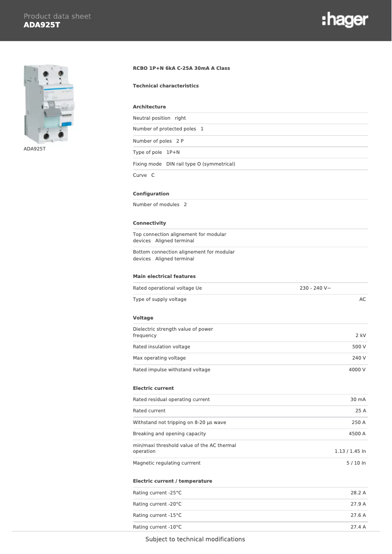 Page 1 de la notice Fiche technique Hager ADA925T