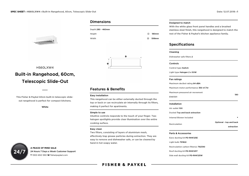 Page 1 de la notice Fiche technique Fisher & Paykel HS60LXW4