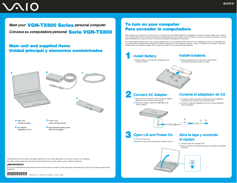 Page n°1 - Guide d'installation Sony Vaio VGN-TX850FP