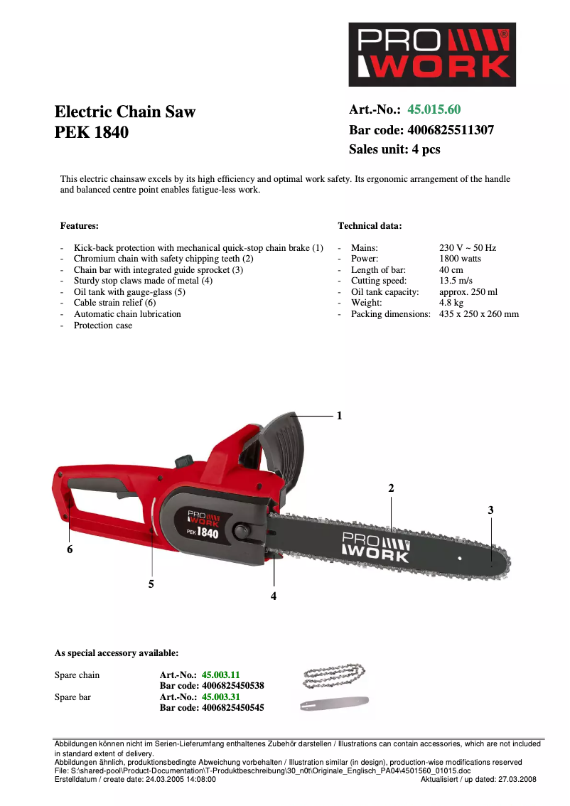 Page n°1 - Manuel utilisateur Prowork PEK 1840