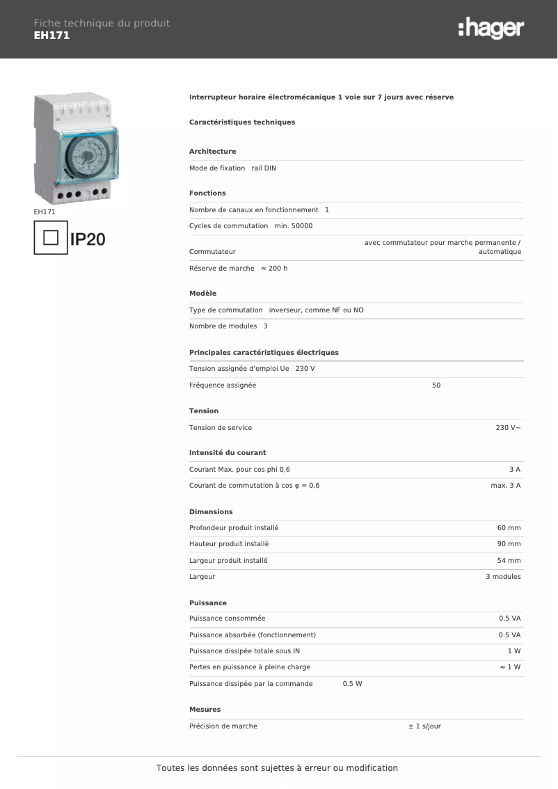 Page 1 de la notice Fiche technique Hager EH171