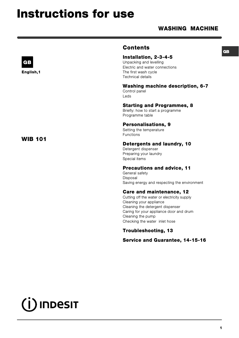 Page n°1 - Manuel utilisateur Indesit WIB 101 (UK)