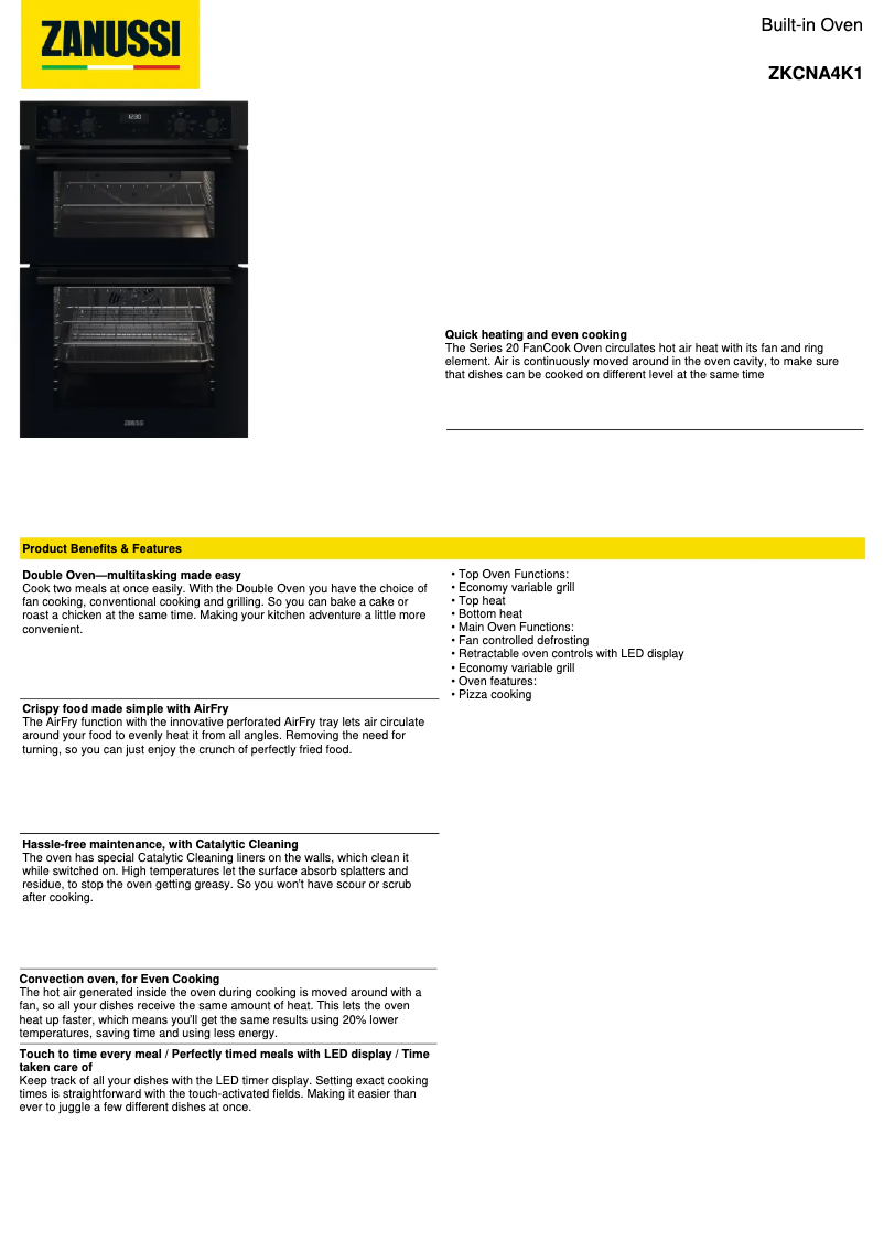 Page 1 de la notice Fiche technique Zanussi ZKCNA4K1